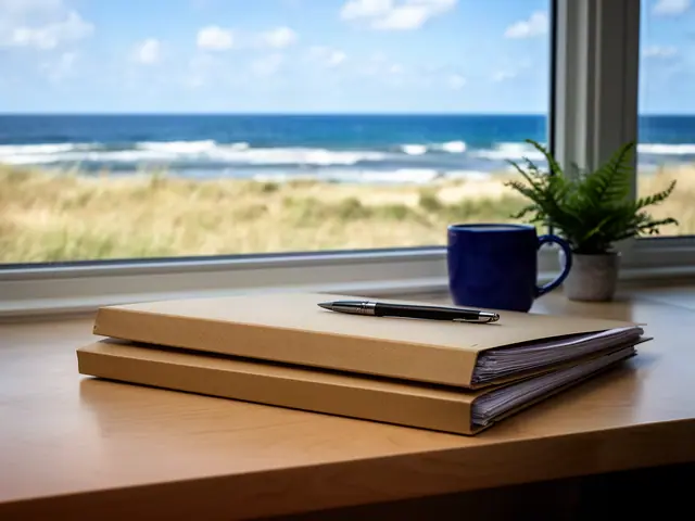 Stack of closed kraft folders with a pen on a desk by a window onto the lake and dune grass